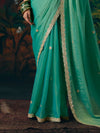Sea Green Embroidered Designer Satin Silk Saree, border and drape