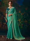 Sea Green Embroidered Designer Satin Silk Saree With Contrast Blouse