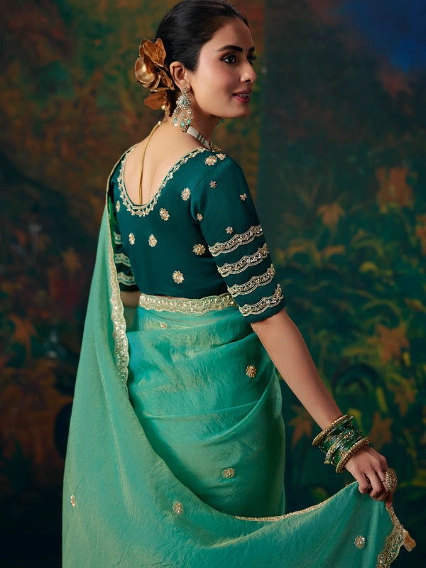 Sea Green Embroidered Designer Satin Silk Saree, side view