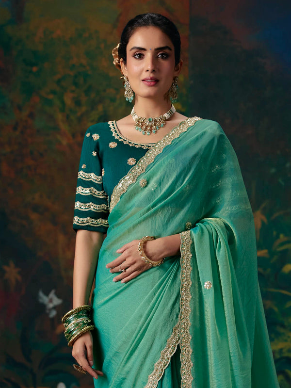 Sea Green Embroidered Designer Satin Silk Saree, pallu and blouse