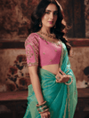 Sea Green Embroidered Designer Tissue Silk Saree With Contrast Blouse