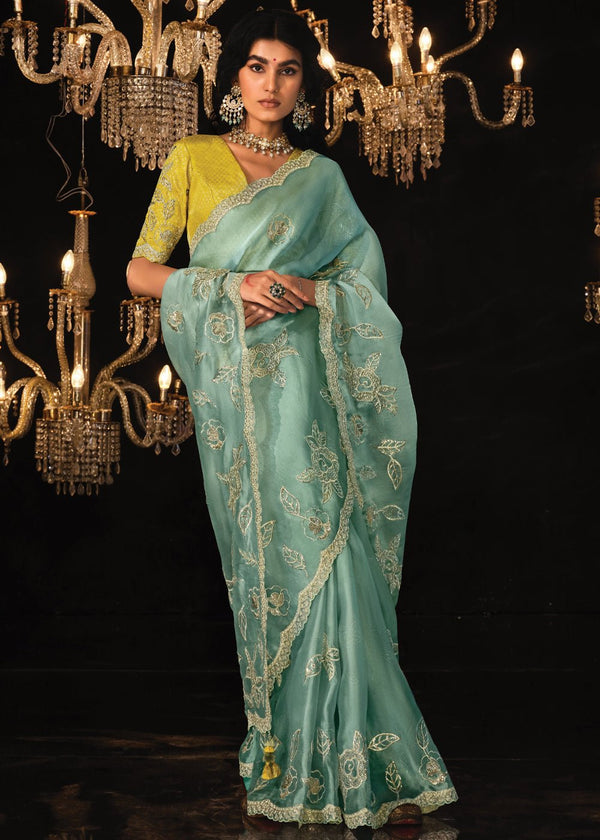 Sea Green Heavy Embroidery Designer Silk Saree