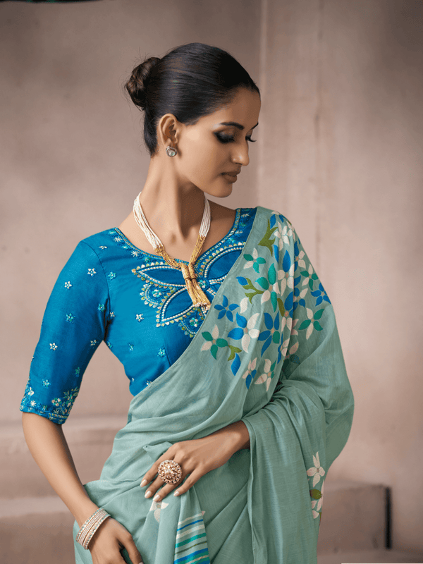 Sea Green Jamdani Cotton Silk Saree With Contrast Blouse