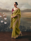 Olive Green Embroidered Designer Organza Silk Saree With Contrast Blouse