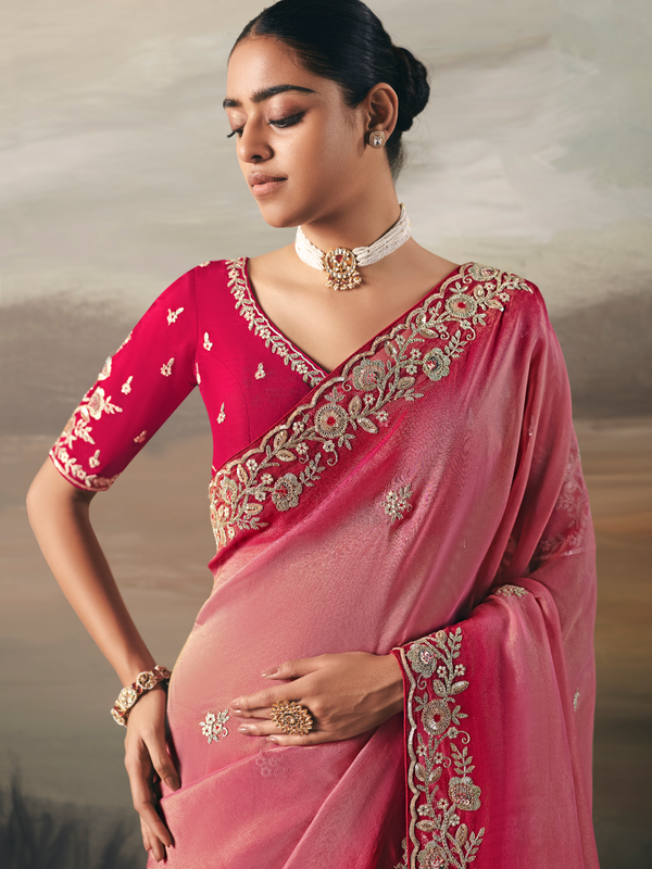 Pink Embroidered Designer Organza Silk Saree With Contrast Blouse