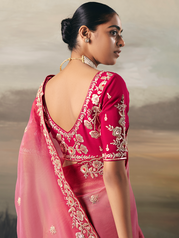 Pink Embroidered Designer Organza Silk Saree With Contrast Blouse