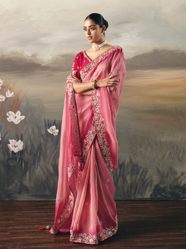Pink Embroidered Designer Organza Silk Saree With Contrast Blouse