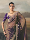 Mocha Brown Embroidered Designer Organza Silk Saree With Contrast Blouse