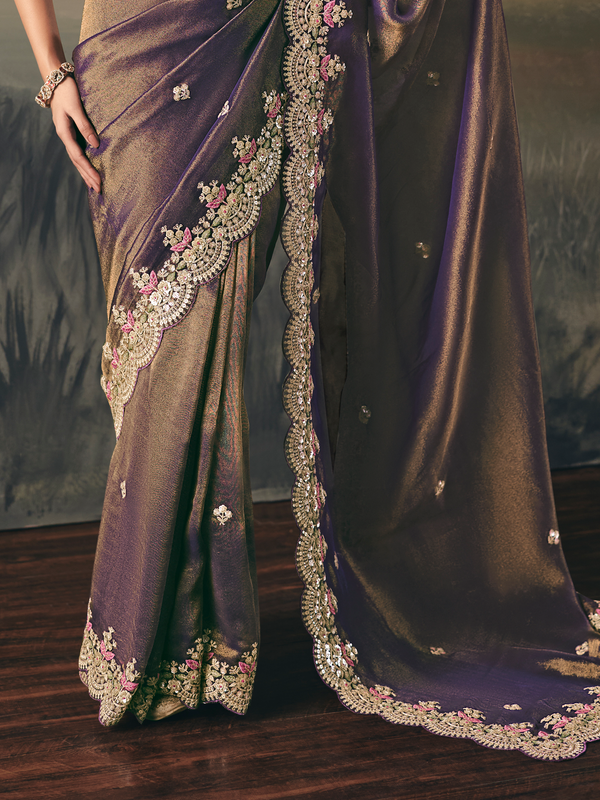 Mocha Brown Embroidered Designer Organza Silk Saree With Contrast Blouse