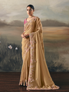 Golden Beige Embroidered Designer Organza Silk Saree With Contrast Blouse