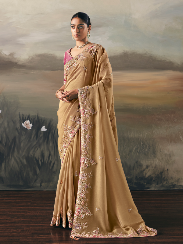 Golden Beige Embroidered Designer Organza Silk Saree With Contrast Blouse