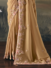Golden Beige Embroidered Designer Organza Silk Saree With Contrast Blouse
