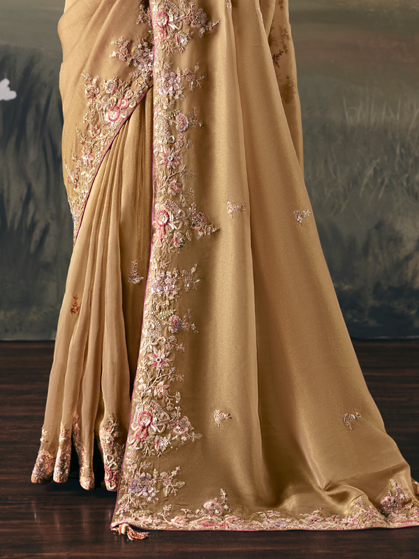 Golden Beige Embroidered Designer Organza Silk Saree With Contrast Blouse