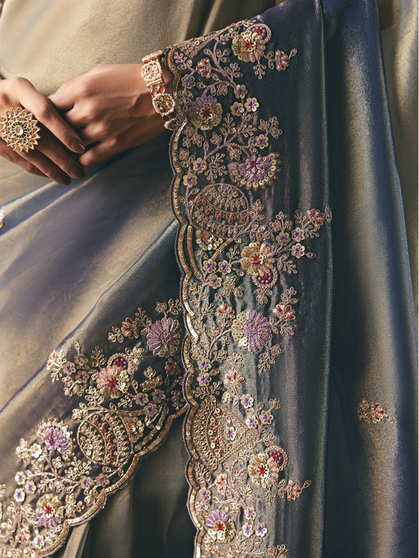 Steel Blue Embroidered Designer Organza Silk Saree