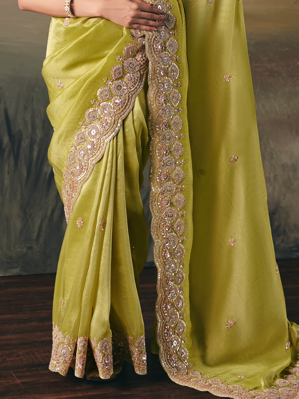 Lime Green Embroidered Designer Organza Silk Saree
