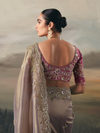 Taupe Grey Embroidered Designer Organza Silk Saree With Contrast Blouse
