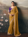 Mustard Yellow Embroidered Designer Organza Silk Saree With Contrast Blouse