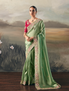 Pista Green Embroidered Designer Organza Silk Saree With Contrast Blouse