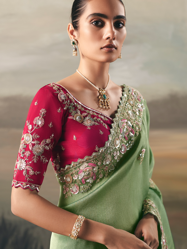 Pista Green Embroidered Designer Organza Silk Saree With Contrast Blouse