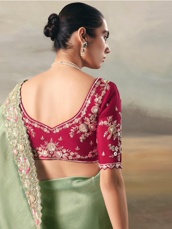 Pista Green Embroidered Designer Organza Silk Saree With Contrast Blouse