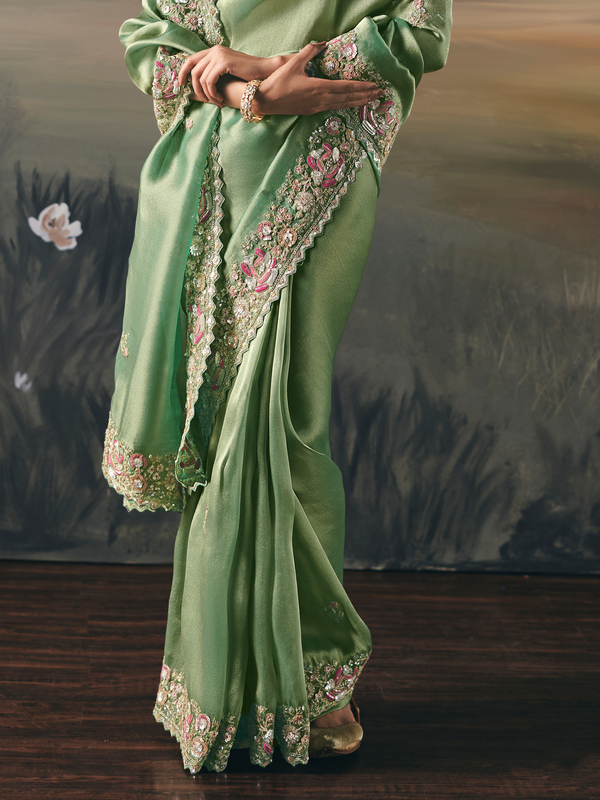 Pista Green Embroidered Designer Organza Silk Saree With Contrast Blouse