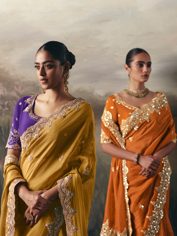 Rust Orange Embroidered Designer Organza Silk Saree