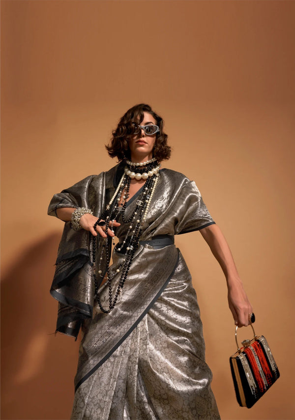 Silver Black And Brown Woven Kanjivaram Silk Saree