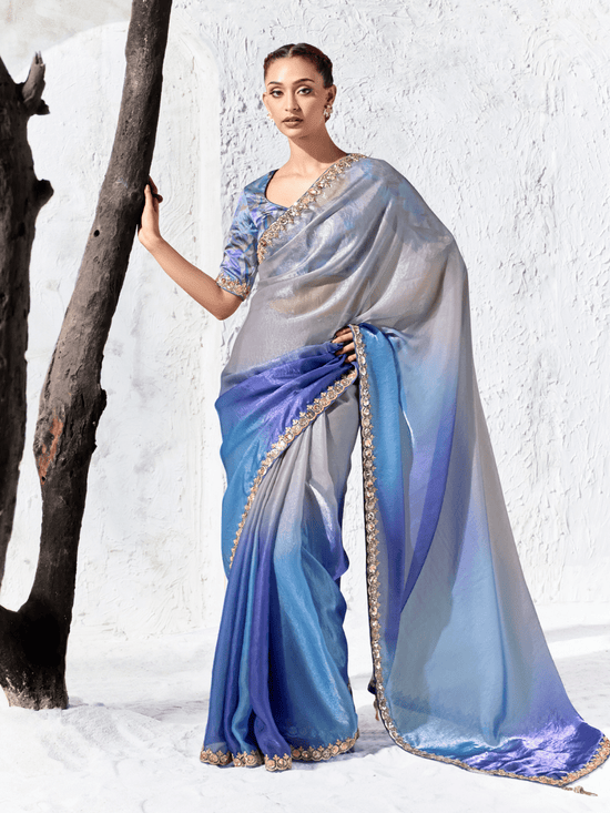 Silver Blue Embroidered Designer Organza Silk Saree With Contrast Blouse