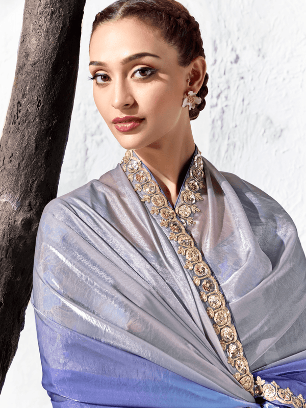 Silver Blue Embroidered Designer Organza Silk Saree With Contrast Blouse