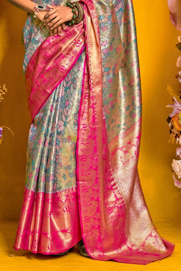 Silver Blue Kanjivaram Silk Saree with Gold Zari