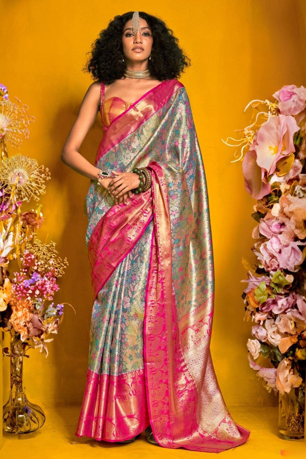 Silver Blue Kanjivaram Silk Saree with Gold Zari