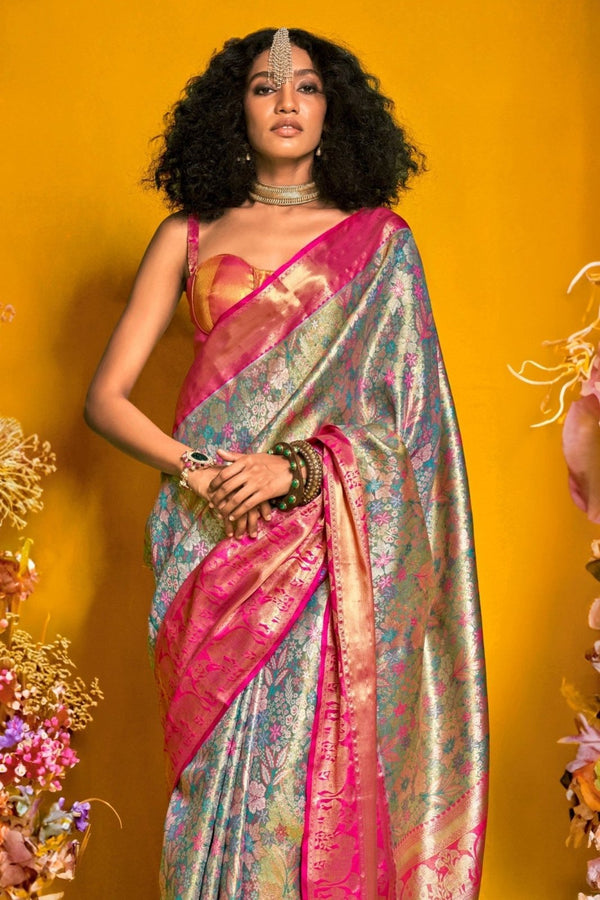 Silver Blue Kanjivaram Silk Saree with Gold Zari