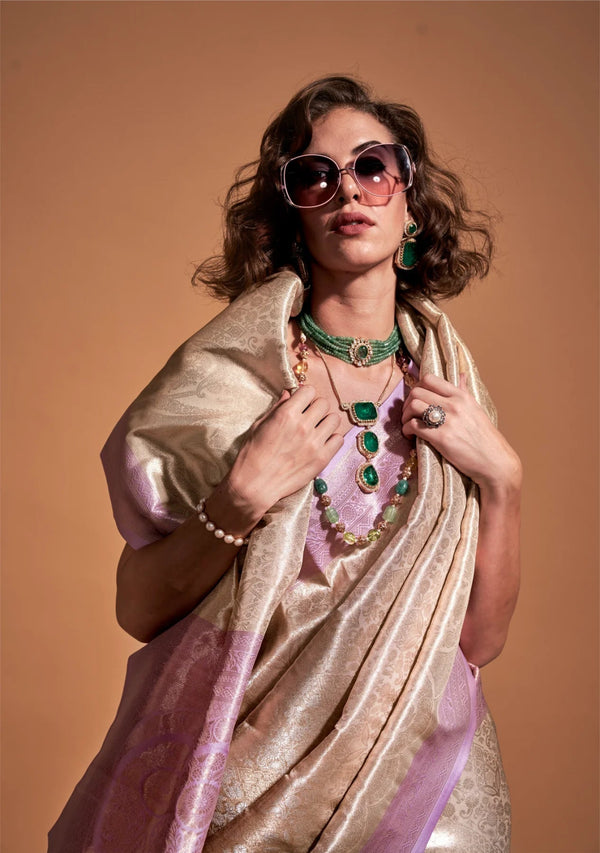 Silver Cream And Lavender Woven Kanjivaram Silk Saree