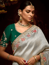 Silver Grey Banarasi Designer Silk Saree With Contrast Blouse