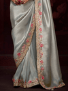 Silver Grey Banarasi Designer Silk Saree With Contrast Blouse