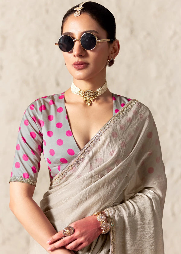Silver Grey Designer Organza Saree