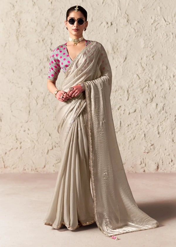 Silver Grey Designer Organza Saree