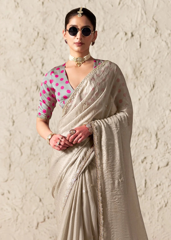 Silver Grey Designer Organza Saree