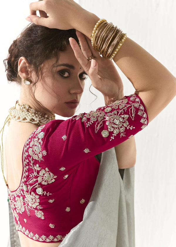 Silver Grey Designer Organza Tissue Silk Saree