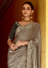 Silver Grey Designer Tissue Silk Saree With Embroidery