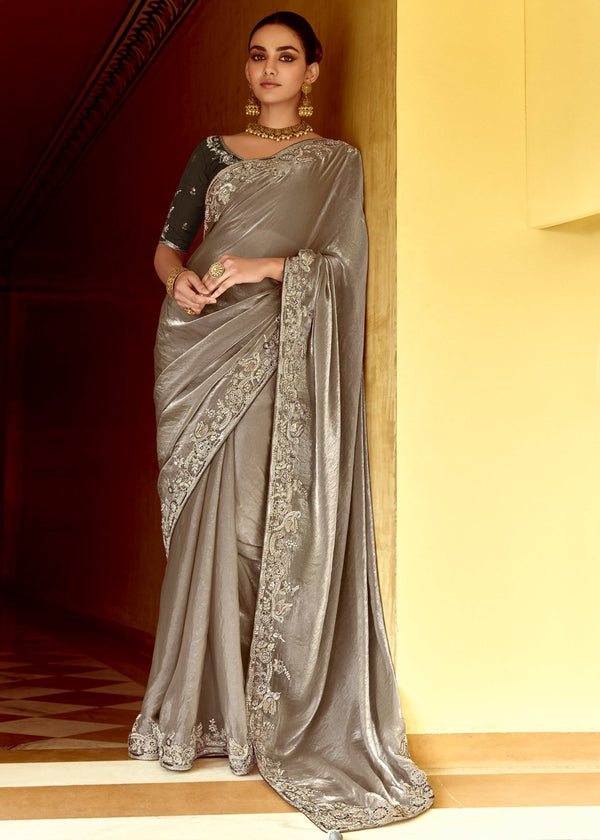 Silver Grey Designer Tissue Silk Saree With Embroidery