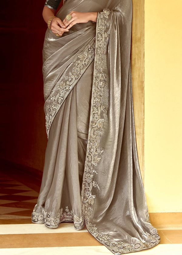 Silver Grey Designer Tissue Silk Saree With Embroidery