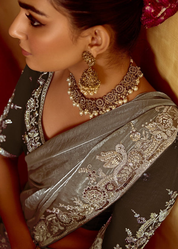 Silver Grey Designer Tissue Silk Saree With Embroidery