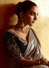 Silver Grey Designer Tissue Silk Saree With Embroidery