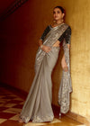 Silver Grey Designer Tissue Silk Saree With Embroidery