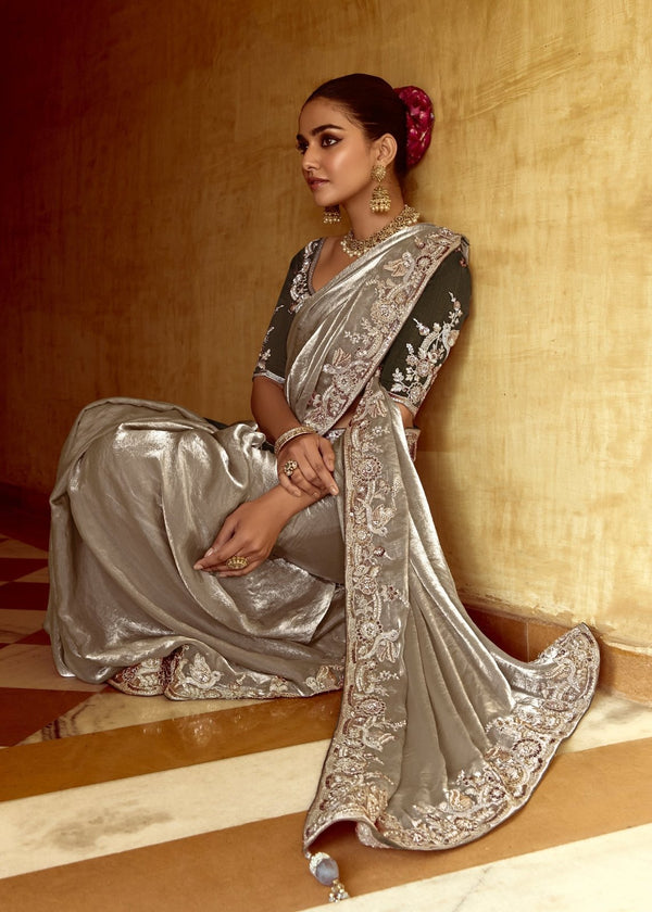 Silver Grey Designer Tissue Silk Saree With Embroidery