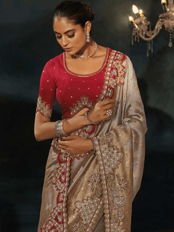 Silver Grey Embroidered Designer Tissue Silk Saree With Contrast Blouse