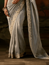 Silver Grey Embroidered Designer Tissue Silk Saree With Contrast Blouse