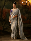 Silver Grey Embroidered Designer Tissue Silk Saree With Contrast Blouse