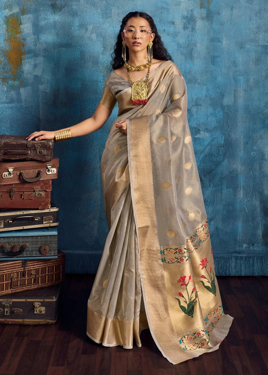 Silver Grey Paithani Tissue Silk Saree